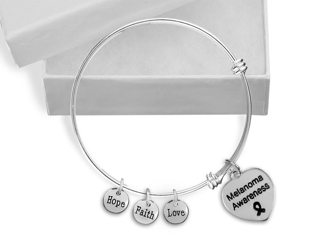 Melanoma Heart Retractable Charm Bracelets, Black Ribbon Jewelry - Fundraising For A Cause