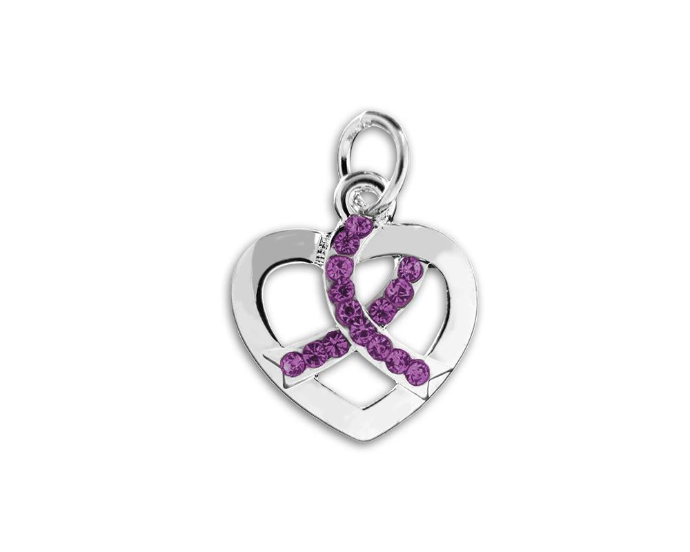 Silver Heart Crystal Purple Ribbon Charms - Fundraising For A Cause