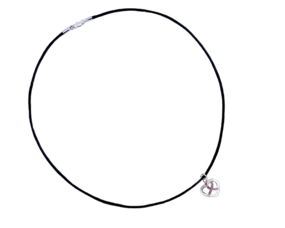 Crystal Heart Pink Ribbon Leather Cord Necklaces - Fundraising For A Cause