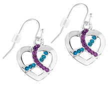 Load image into Gallery viewer, Teal &amp; Purple Ribbon Crystal Heart Hanging Earrings - Fundraising For A Cause