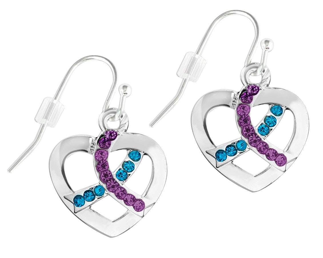 Teal & Purple Ribbon Crystal Heart Hanging Earrings - Fundraising For A Cause