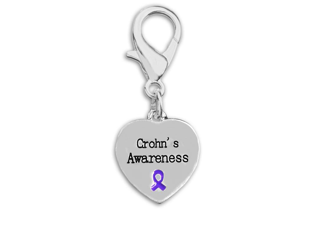 Crohn's Disease Awareness Purple Ribbon Heart Hanging Charms - Fundraising For A Cause