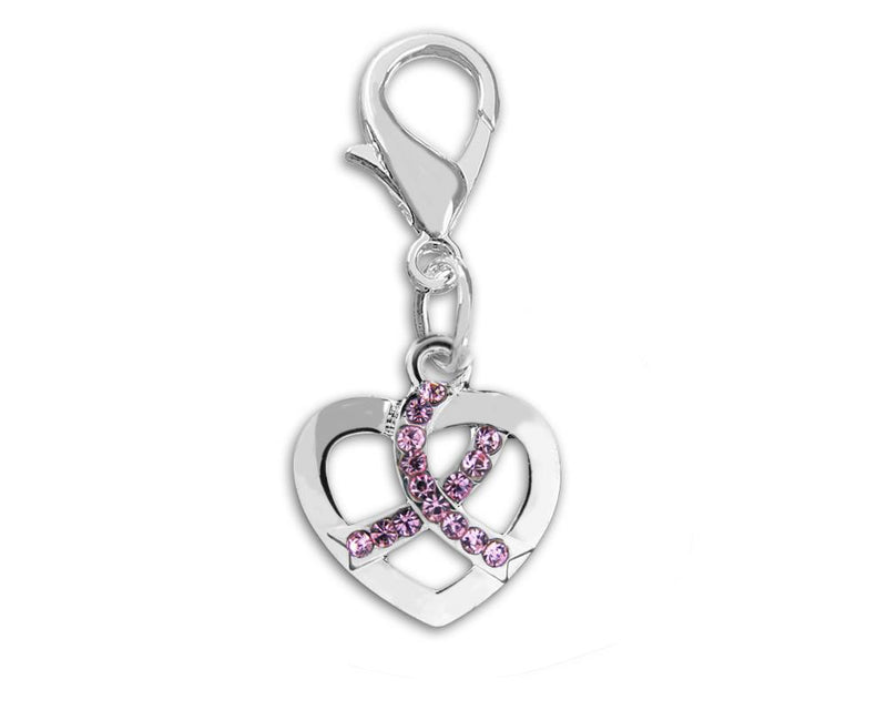 Silver Heart Crystal Pink Ribbon Hanging Purse Charms - Fundraising For A Cause