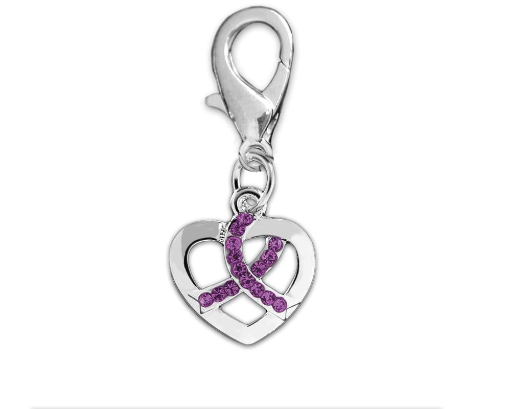Silver Heart Crystal Purple Ribbon Hanging Charms - Fundraising For A Cause