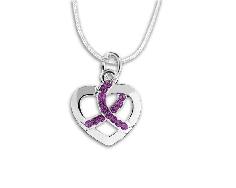 Silver Heart Crystal Purple Ribbon Necklaces - Fundraising For A Cause