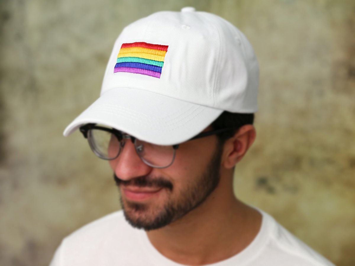 Rectangle Rainbow Gay Pride Flag Hats in White - Fundraising For A Cause