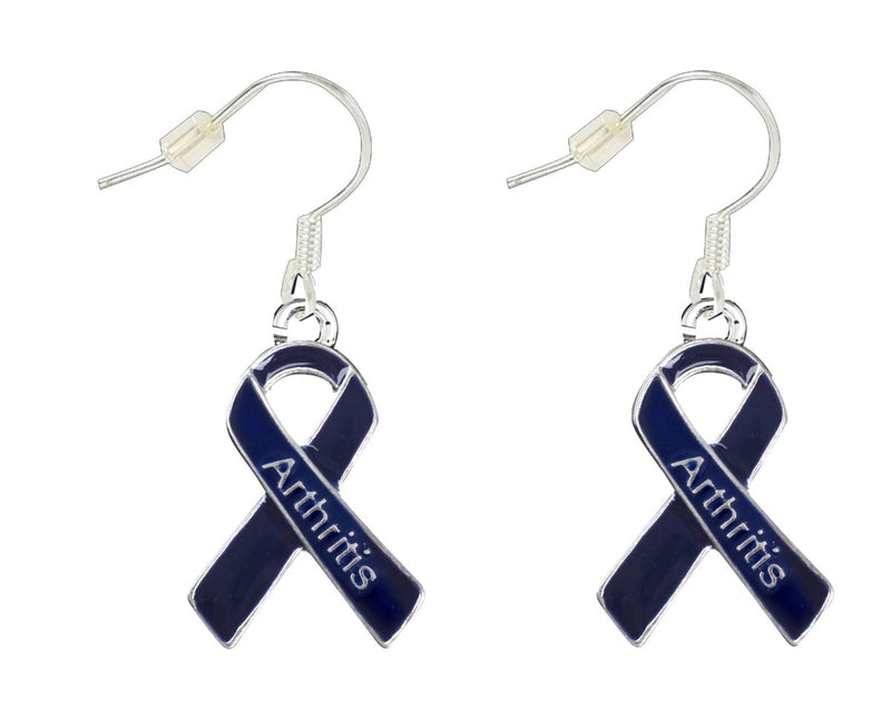 Arthritis Awareness Dark Blue Ribbon Hanging Earrings - Fundraising For A Cause