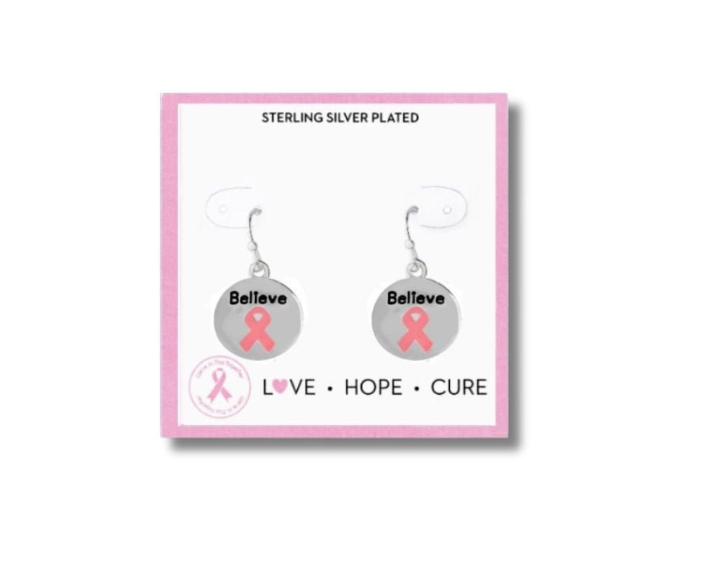 Believe Pink Ribbon Earrings on Jewelry Cards (Cards) - Fundraising For A Cause