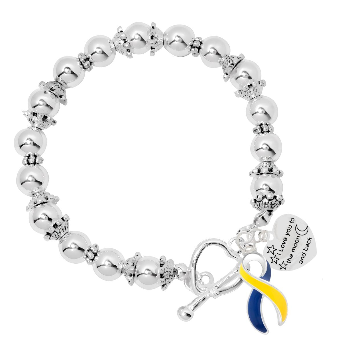 Blue & Yellow Ribbon Love You To The Moon Silver Beaded Bracelets - Fundraising For A Cause