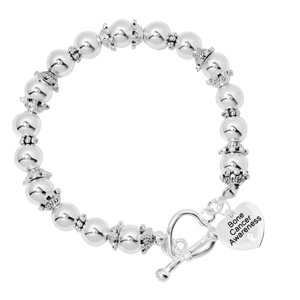 Bone Cancer Awareness Heart Charm Silver Beaded Bracelets - Fundraising For A Cause
