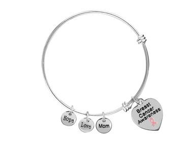 Breast Cancer Heart Mom Charm Retractable Charm Bracelets - Fundraising For A Cause