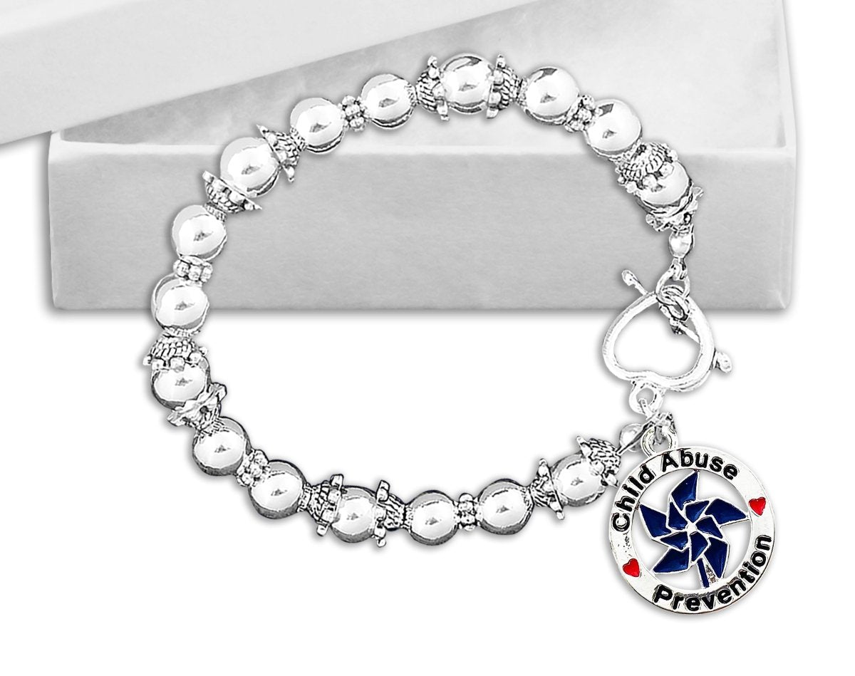 Child Abuse Prevention Blue Pinwheel Charm Silver Beaded Bracelets - Fundraising For A Cause