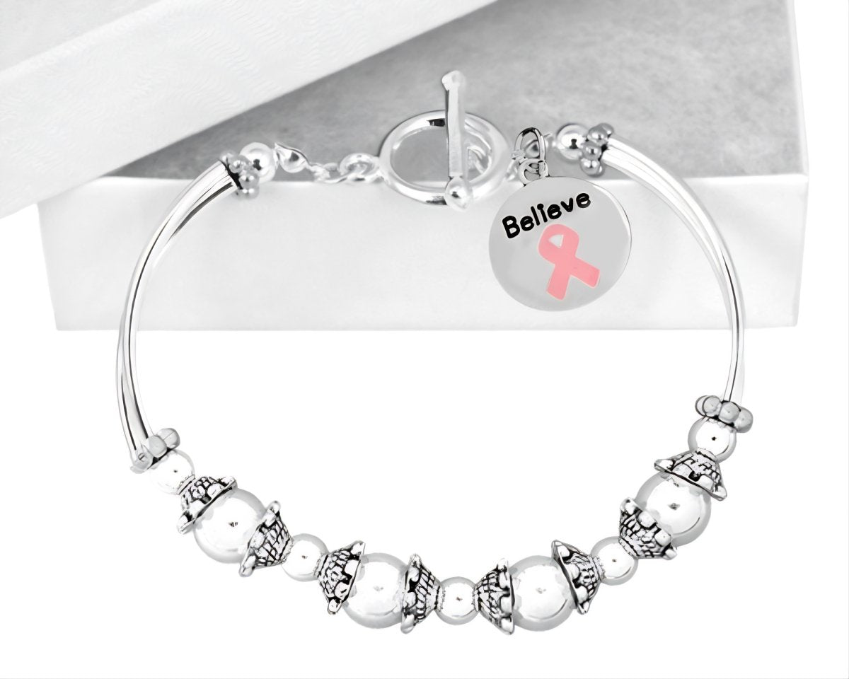Circle Believe Pink Ribbon Charm Partial Beaded Bracelets - Fundraising For A Cause