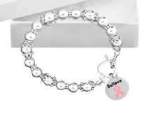 Load image into Gallery viewer, Circle Believe Pink Ribbon Charm Silver Beaded Bracelets - Fundraising For A Cause