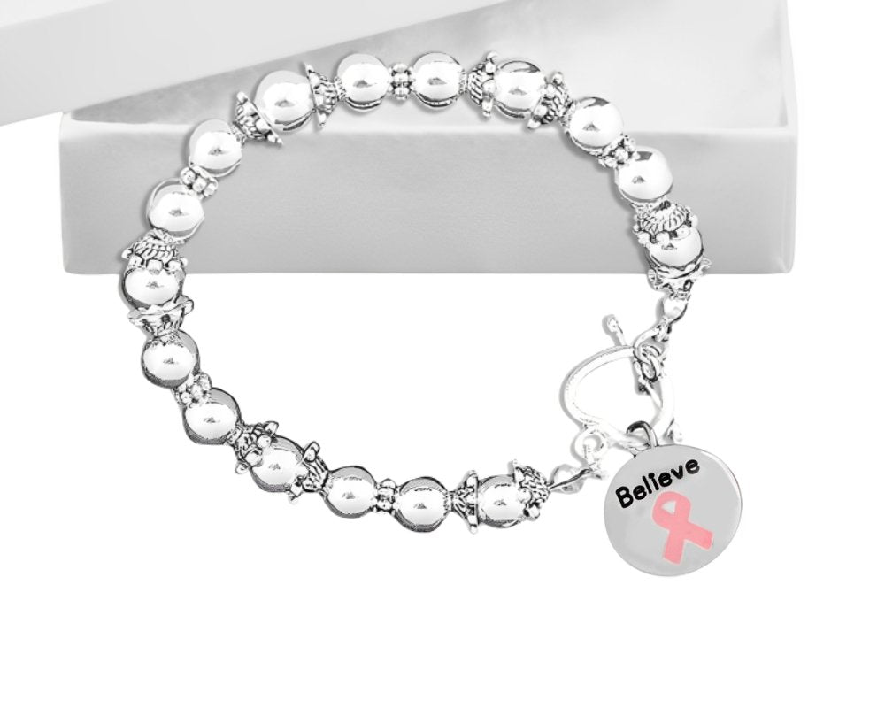Circle Believe Pink Ribbon Charm Silver Beaded Bracelets - Fundraising For A Cause