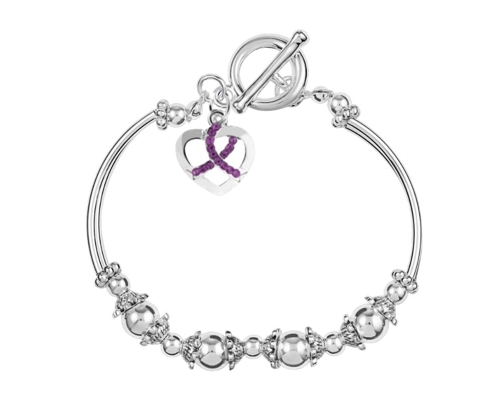 Crystal Heart Purple Ribbon Charm Partial Beaded Bracelets - Fundraising For A Cause