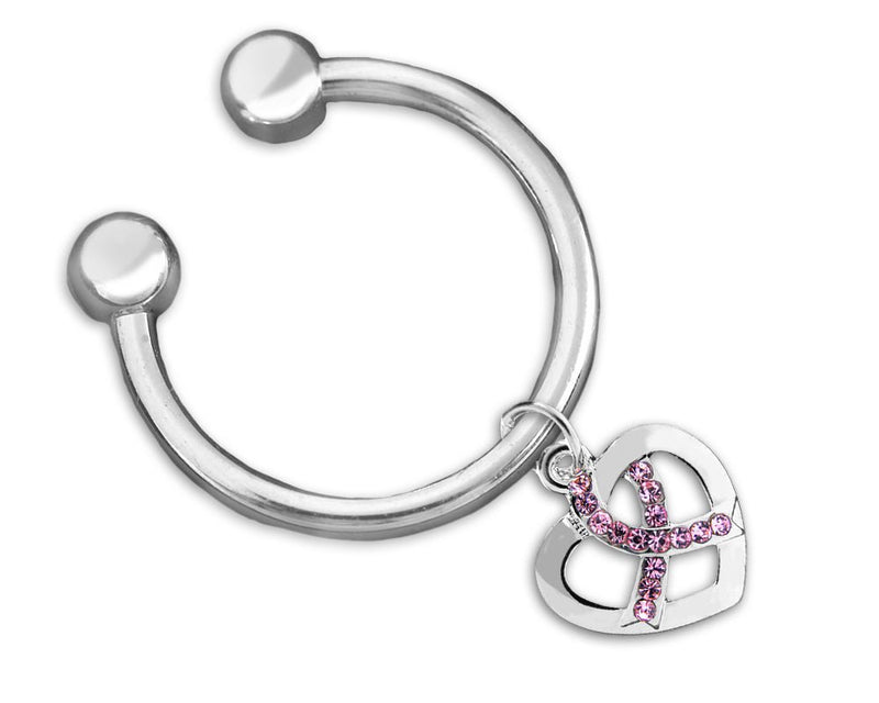 Crystal Pink Ribbon Silver Heart Horseshoe Style Keychain - Fundraising For A Cause