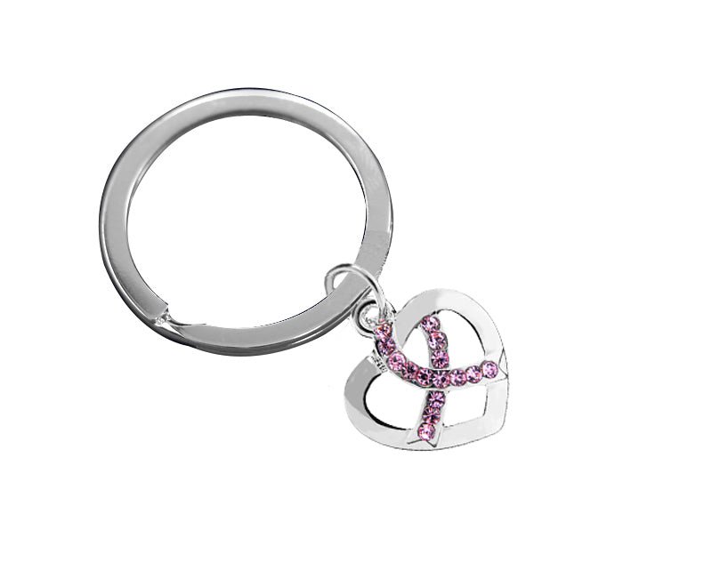 Crystal Pink Ribbon Silver Heart Split Style Keychains - Fundraising For A Cause