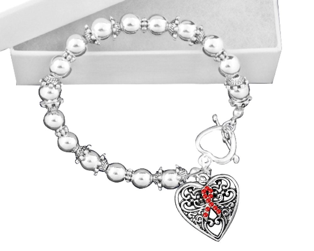 Decorative Heart Red Ribbon Beaded Charm Bracelets - Fundraising For A Cause