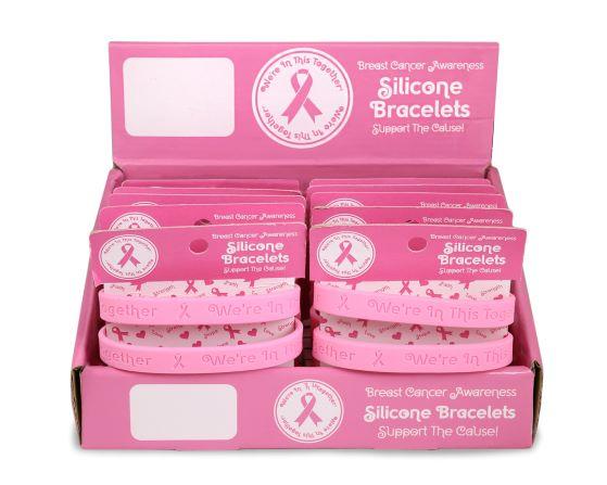 Breast Cancer Awareness Pink Ribbon Silicone Bracelet Counter Display (12 Cards) - Fundraising For A Cause