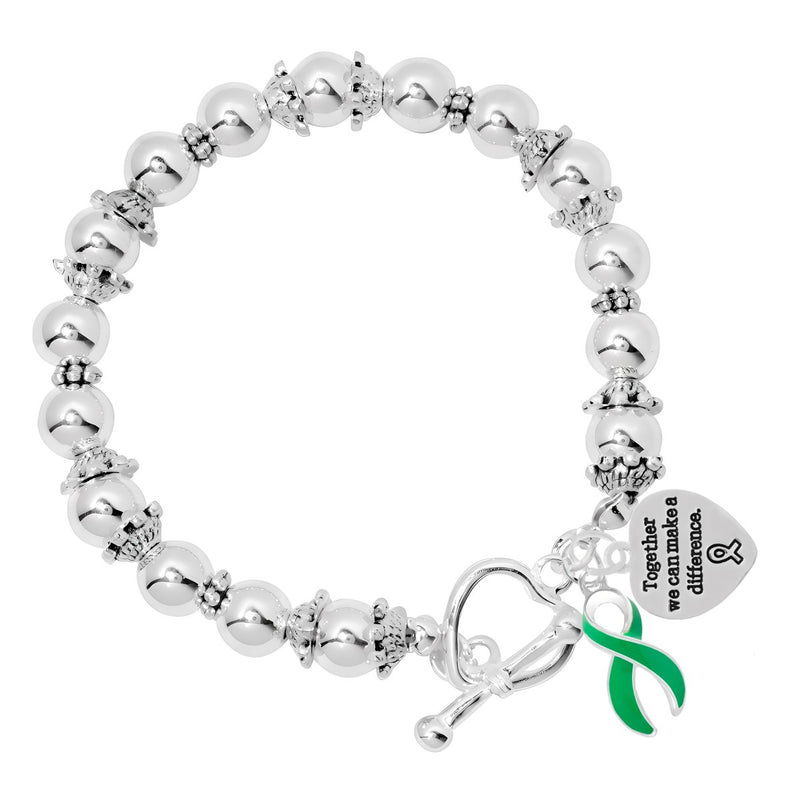 Green Ribbon Together Make A Difference Silver Beaded Bracelet - Fundraising For A Cause