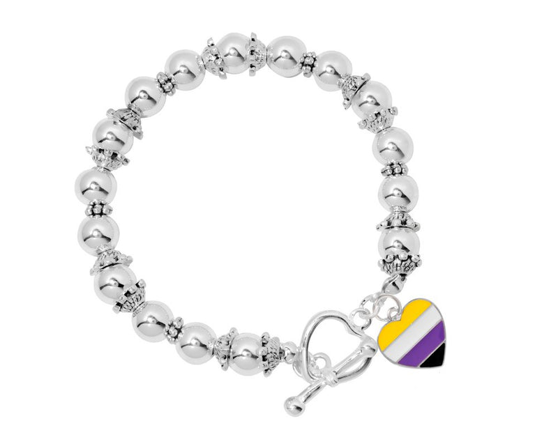 Heart Flag Nonbinary Silver Beaded Charm Bracelets - Fundraising For A Cause
