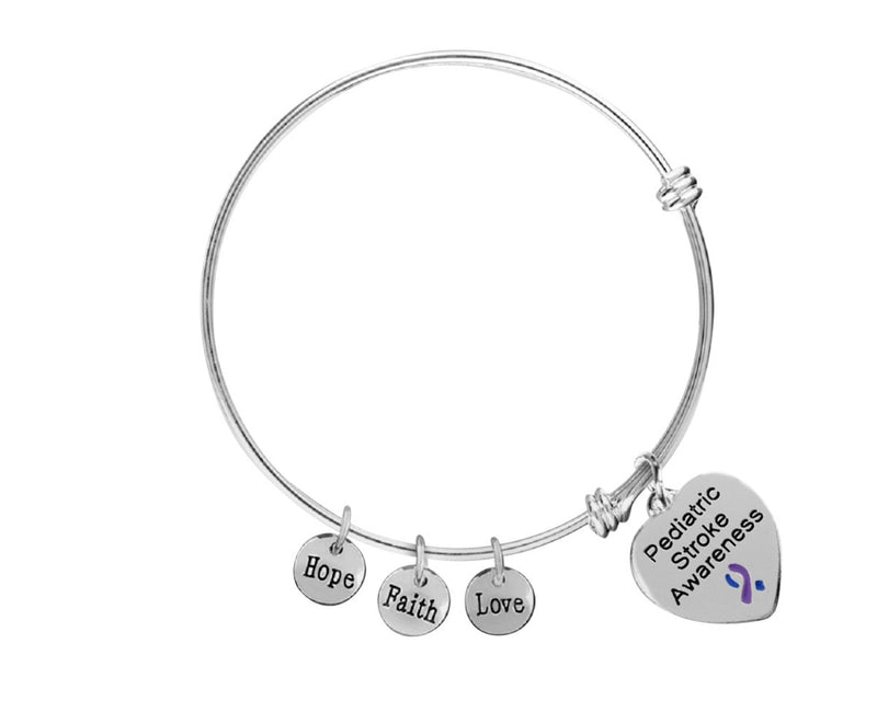 Inspirational Pediatric Stroke Blue & Purple Awareness Heart Charm Retractable Bracelets - Fundraising For A Cause