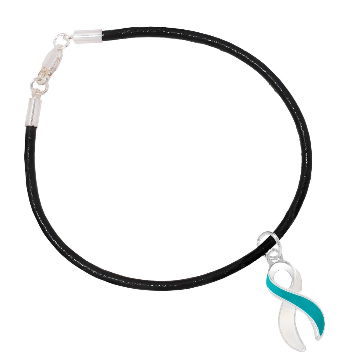 Large Teal & White Awareness Ribbon Black Cord Bracelets - Fundraising For A Cause