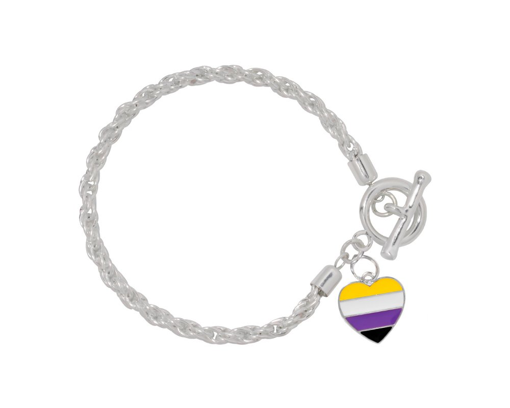 Nonbinary Heart Flag Charm Silver Rope Bracelets - Fundraising For A Cause