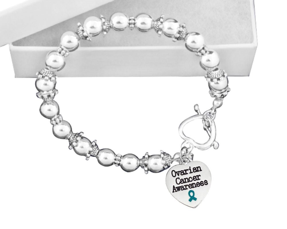 Ovarian Cancer Heart Awareness Charm Silver Beaded Bracelets - Fundraising For A Cause