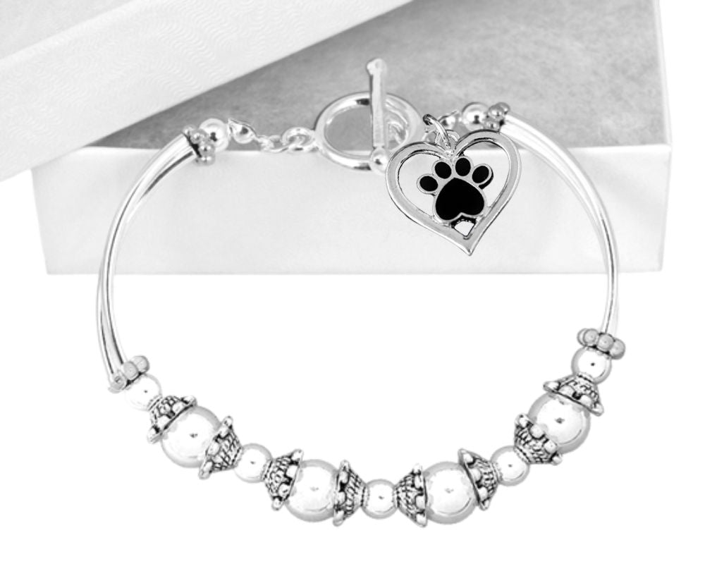 Paw Print Inside Black Heart Charm Partial Beaded Bracelets - Fundraising For A Cause