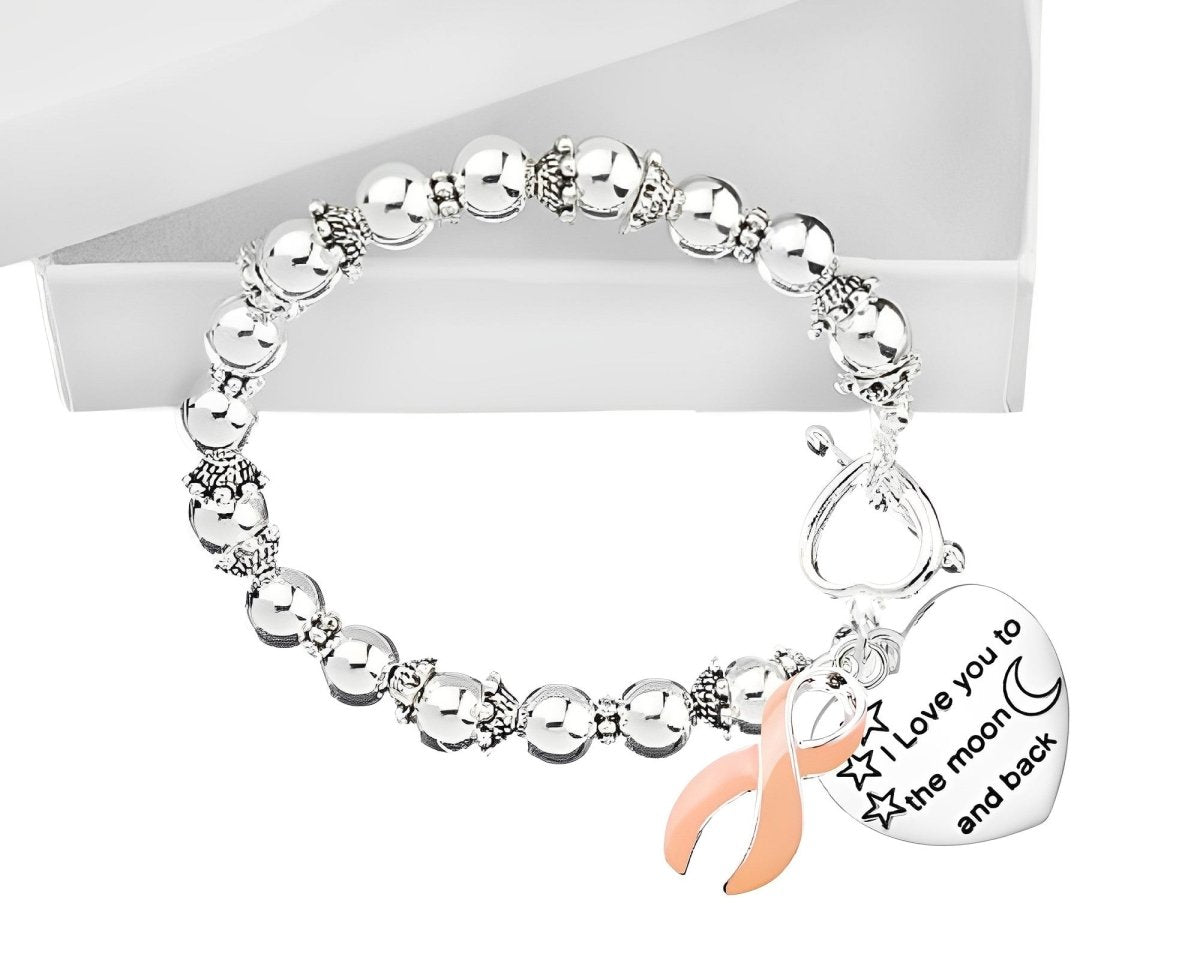 Peach Ribbon Love You To The Moon and Back Heart Charm Beaded Bracelets - Fundraising For A Cause