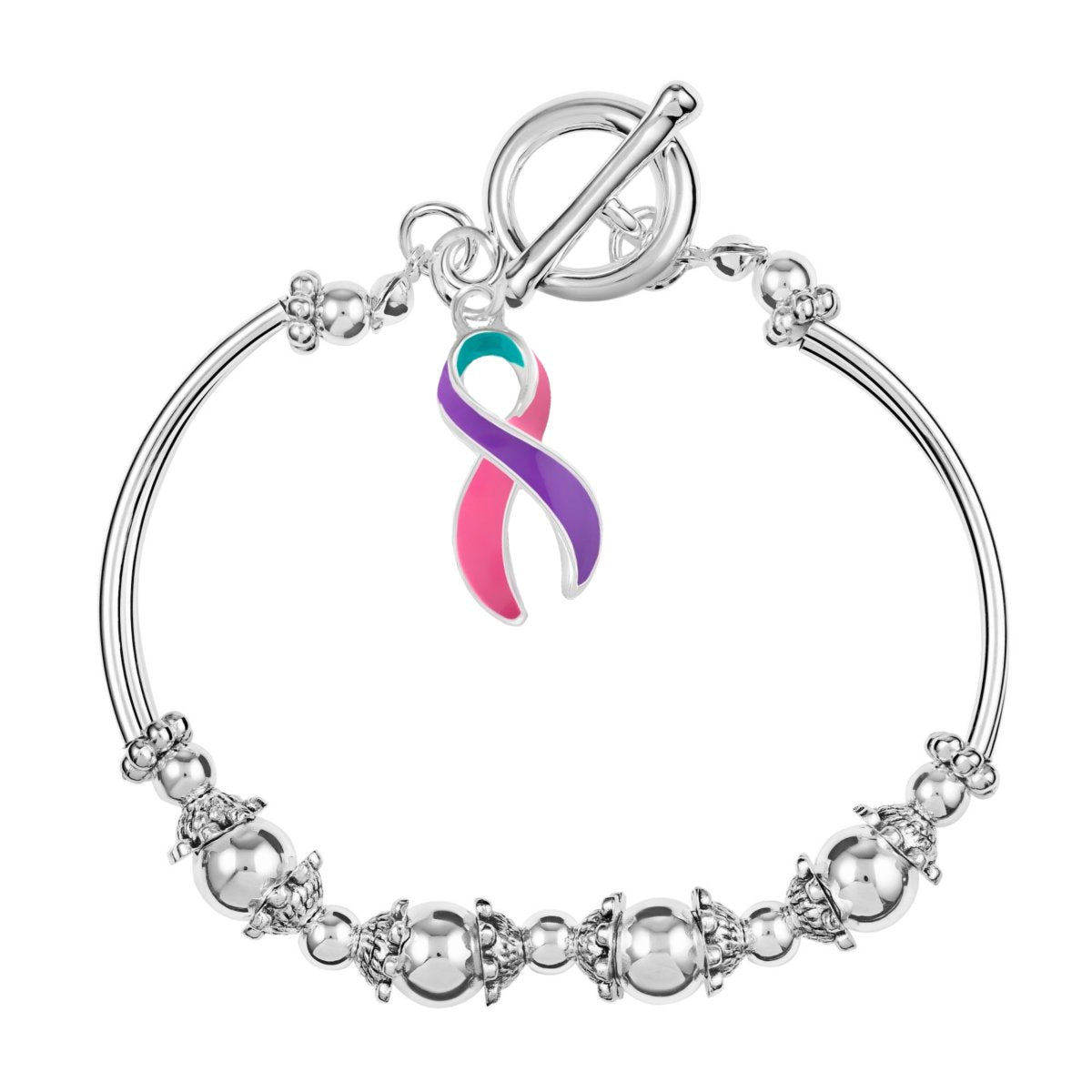 Pink, Purple & Teal Ribbon Charms Partial Beaded Bracelets - Fundraising For A Cause