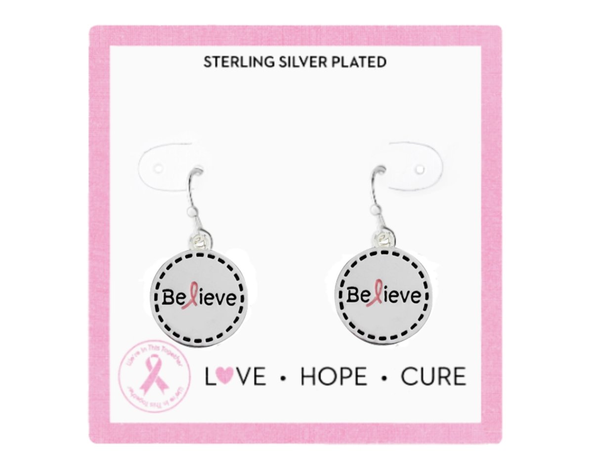 Pink Ribbon Breast Cancer Believe Earrings on Jewelry Cards (12 Cards) - Fundraising For A Cause