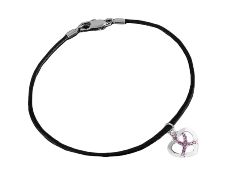 Pink Ribbon Crystal Heart Leather Cord Bracelets - Fundraising For A Cause