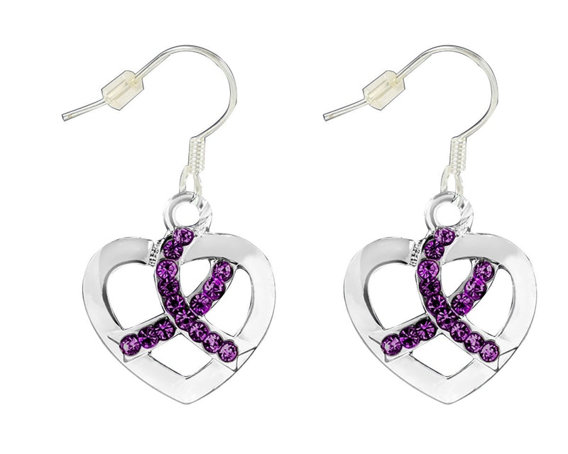 Purple Ribbon Crystal Heart Hanging Earrings - Fundraising For A Cause