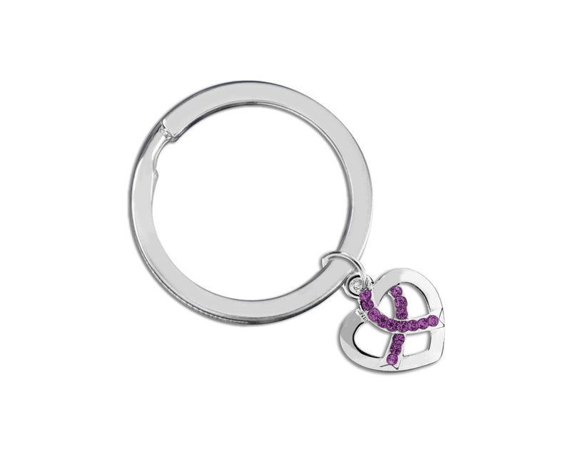 Purple Ribbon Crystal Heart Split Style Keychain Ring - Fundraising For A Cause