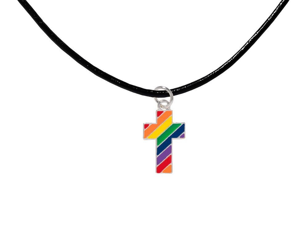 Rainbow Cross Charm on Black Cord Necklaces - Fundraising For A Cause