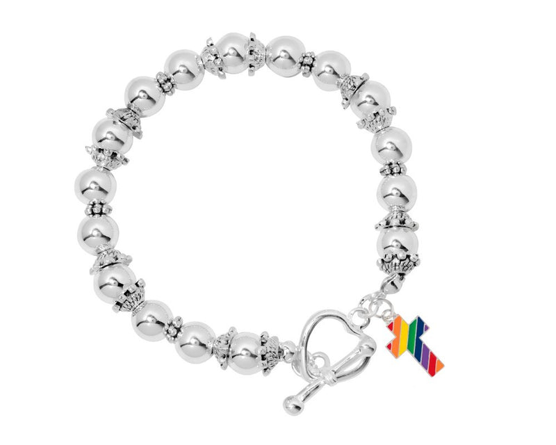 Rainbow Flag Cross Charm Silver Beaded Bracelets - Fundraising For A Cause