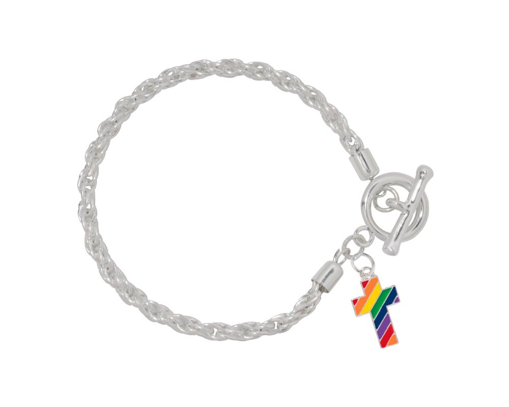 Rainbow Flag Cross Charm Silver Rope Bracelets - Fundraising For A Cause