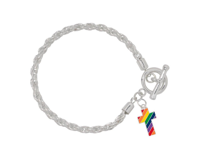 Rainbow Flag Cross Charm Silver Rope Bracelets - Fundraising For A Cause