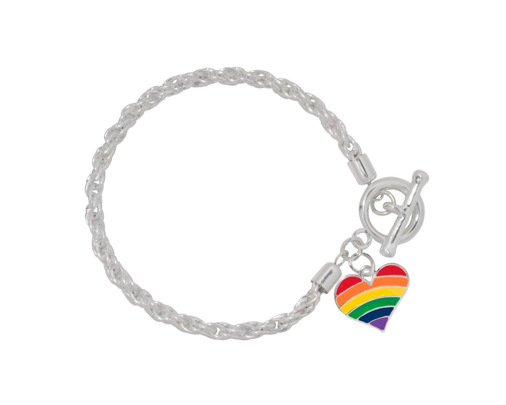 Rainbow Heart Gay Pride Charm Silver Rope Bracelets - Fundraising For A Cause