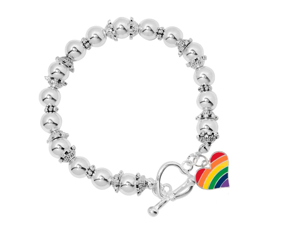 Rainbow Heart Gay Pride Silver Beaded Charm Bracelets - Fundraising For A Cause