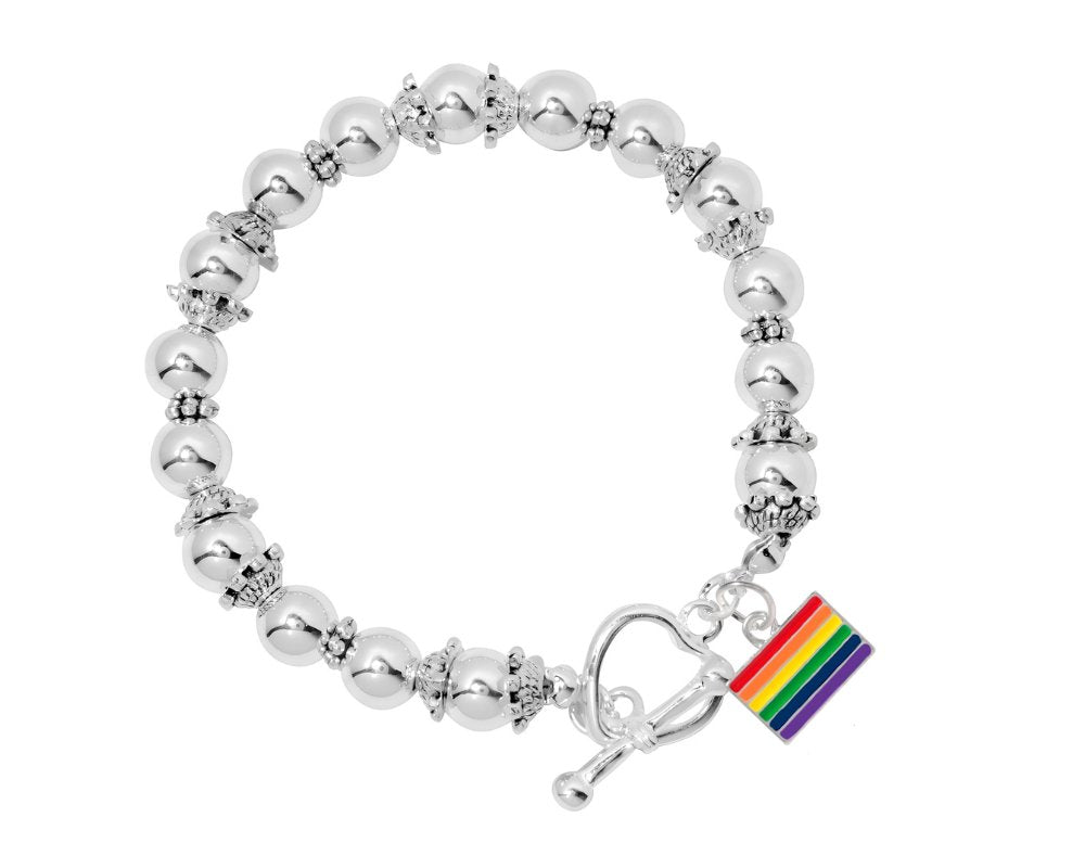 Rainbow LGBTQ Rectangle Charm Silver Beaded Bracelets - Fundraising For A Cause