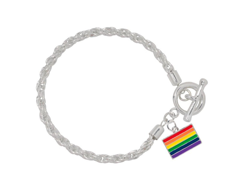 Rectangle Rainbow Gay Pride Flag Silver Rope Bracelets - Fundraising For A Cause