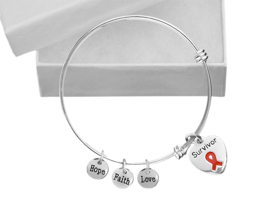 Red Ribbon Survivor Heart Retractable Charm Bracelets - Fundraising For A Cause