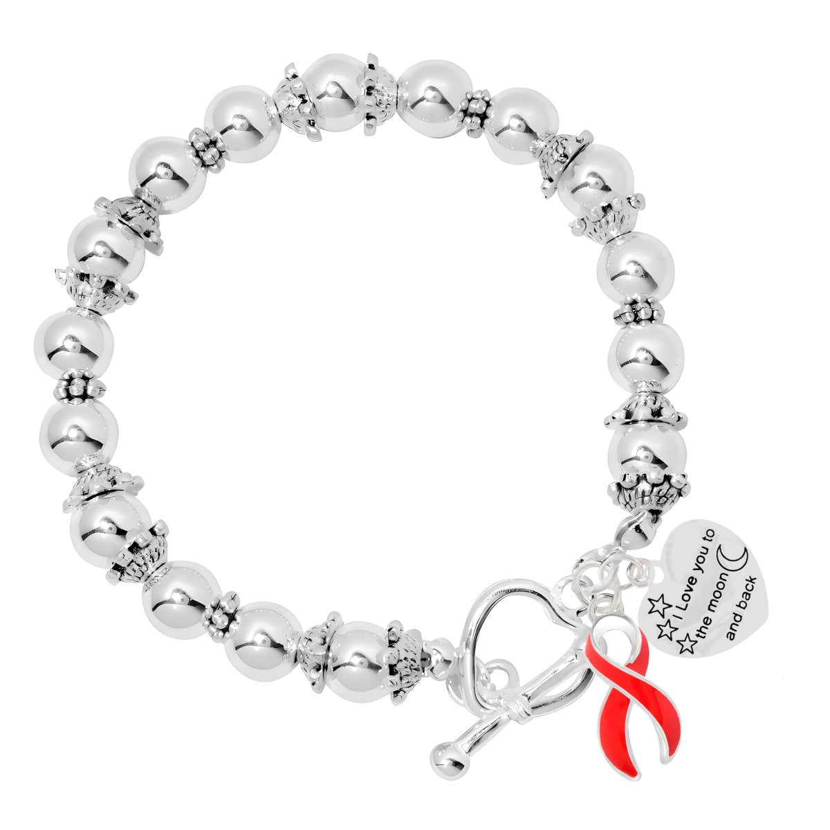 Red Ribbon To the Moon and Back Heart Charm Silver Beaded Bracelets - Fundraising For A Cause