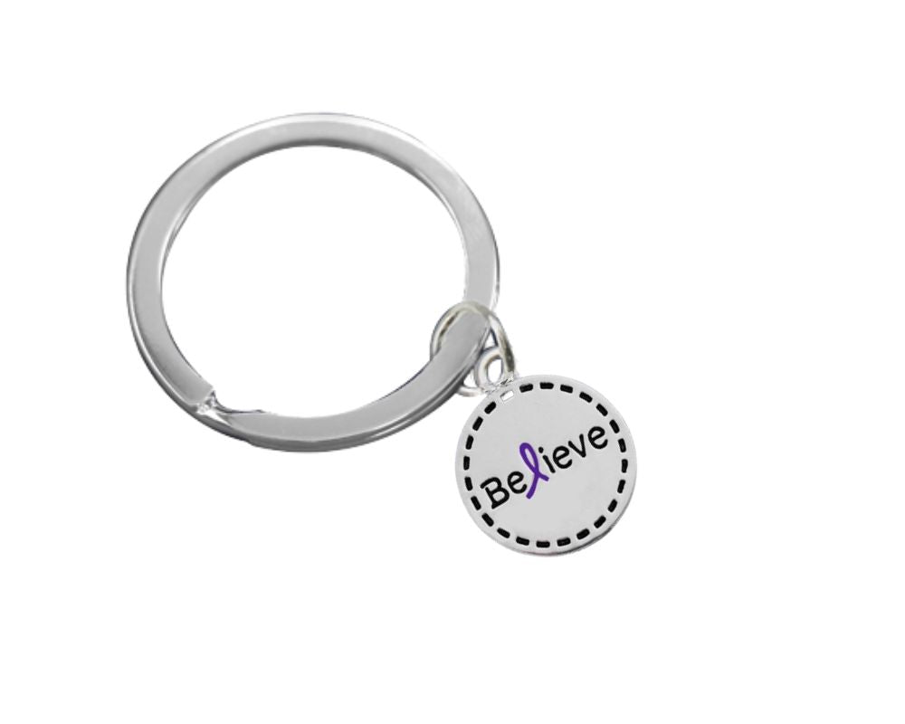 Round Believe Purple Ribbon Awareness Split Style Keychains - Fundraising For A Cause