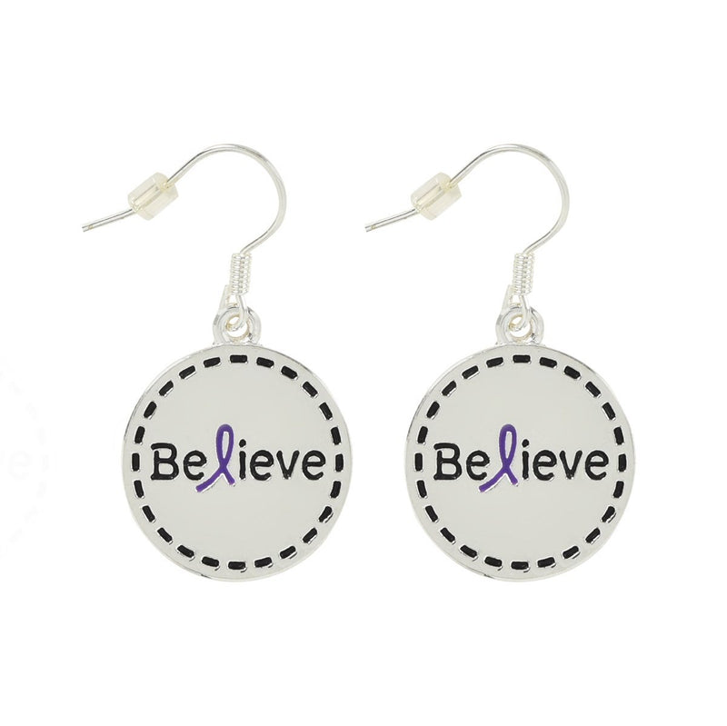 Round Believe Purple Ribbon Earrings - Fundraising For A Cause