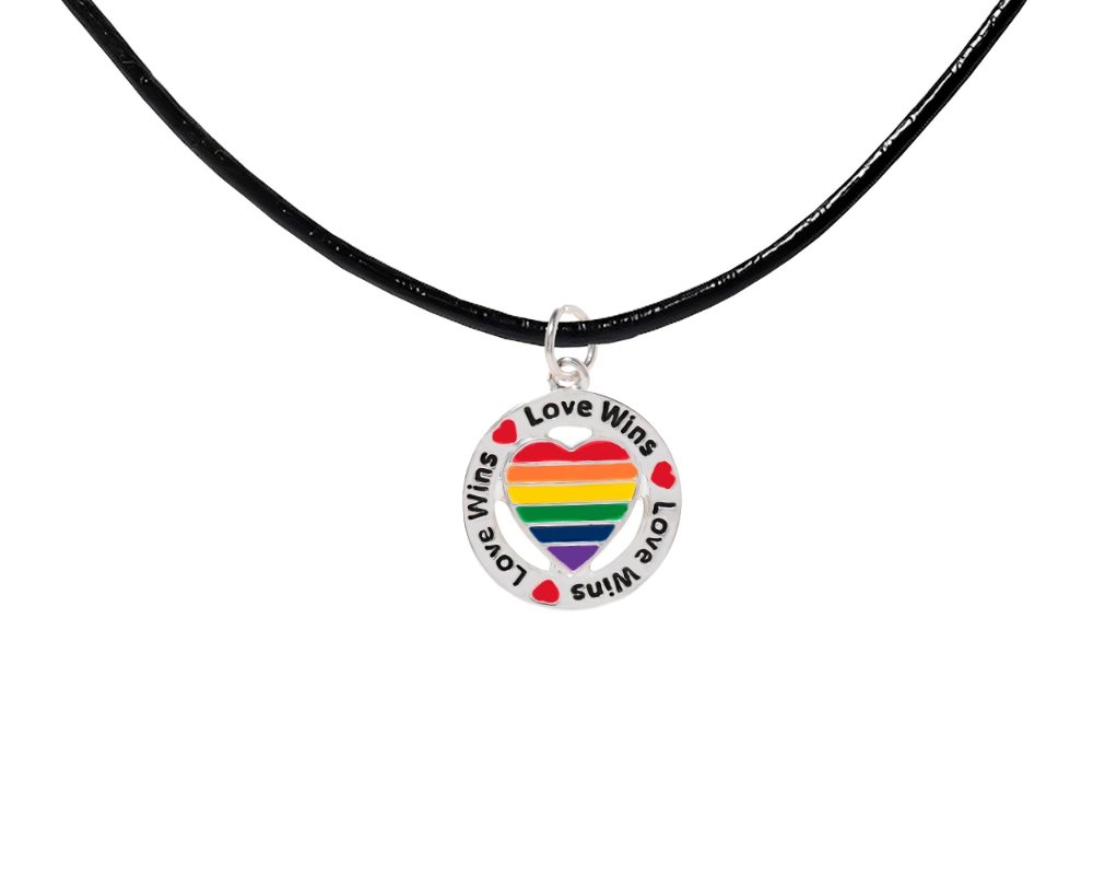 Round Rainbow Heart Love Wins Charm on Black Cord Necklaces - Fundraising For A Cause